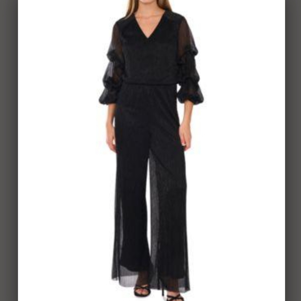 Vince Camuto Black Metallic Ribbed Puff Sleeve Jumpsuit Women's Size S